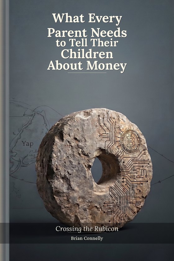 Book cover: What Every Parent Needs to Tell Their Children About Money &mdash; Crossing the Rubicon, by Brian Connelly. A Yap stone carved with Bitcoin circuitry.